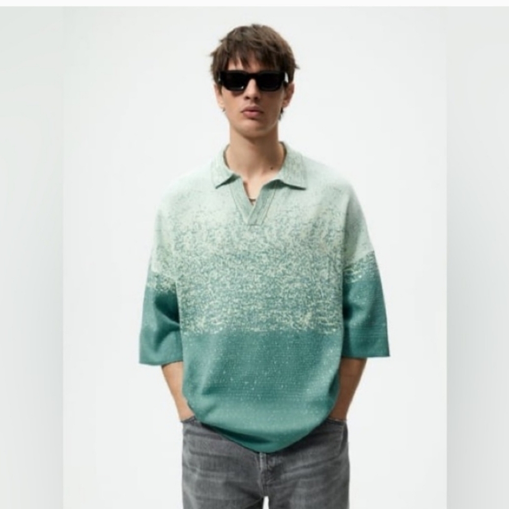 Zara Men’s Green/Sage Ombre Knit Collard Short Sleeve Polo Sweater - Picture 1 of 5